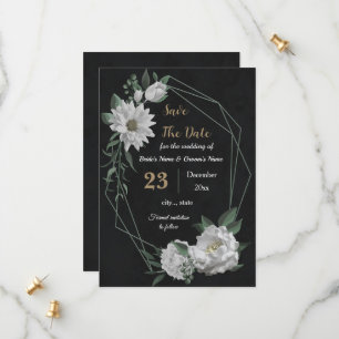 Save The Date fleurs blanches romantiques botaniques noires