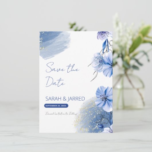 Save The Date Fleurs bleu aquarelle (Debout devant)