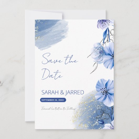 Save The Date Fleurs bleu aquarelle (Devant)