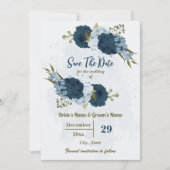Save The Date fleurs bleu clair et bleu marine mariage botanique (Devant)