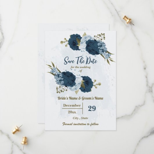 Save The Date fleurs bleu clair et bleu marine mariage botanique (Devant/Arrière en situation)