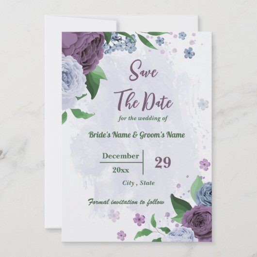 Save The Date Fleurs bleu pourpre vert feuille mariage (Devant)