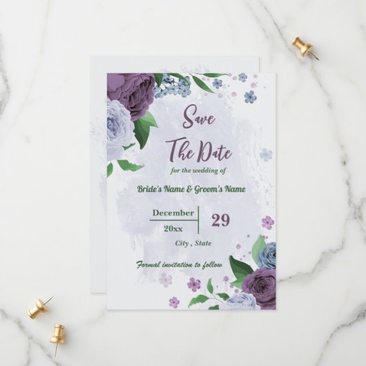Save The Date Fleurs bleu pourpre vert feuille mariage (Devant/Arrière en situation)