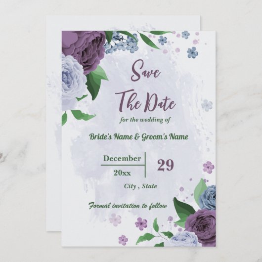 Save The Date Fleurs bleu pourpre vert feuille mariage (Devant / Derrière)