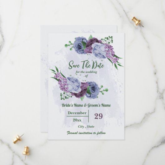 Save The Date Fleurs bleu pourpre vert feuille mariage (Devant/Arrière en situation)