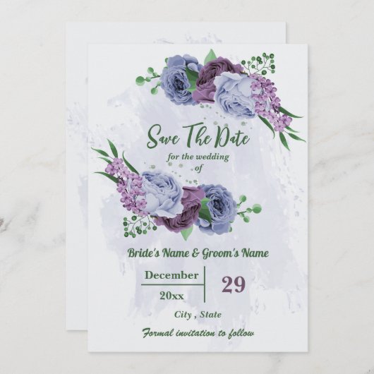 Save The Date Fleurs bleu pourpre vert feuille mariage (Devant / Derrière)