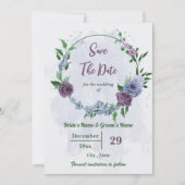 Save The Date Fleurs bleu pourpre vert feuille mariage (Devant)