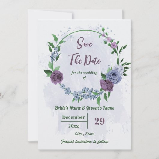 Save The Date Fleurs bleu pourpre vert feuille mariage (Devant)