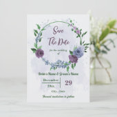 Save The Date Fleurs bleu pourpre vert feuille mariage (Debout devant)