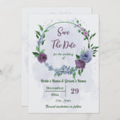 Save The Date Fleurs bleu pourpre vert feuille mariage (Devant / Derrière)