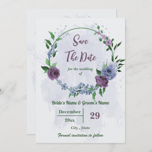 Save The Date Fleurs bleu pourpre vert feuille mariage (Devant / Derrière)
