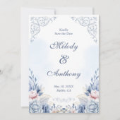 Save The Date Fleurs Bleu Poussiéreux Mariage Épargnez la Date (Devant)