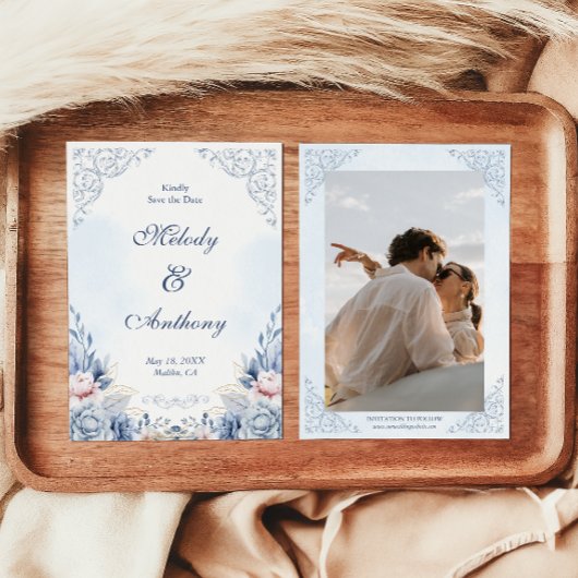 Save The Date Fleurs Bleu Poussiéreux Mariage Épargnez la Date