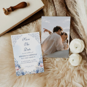 Save The Date Fleurs Bleu Poussiéreux Photo Enregistrer la Date