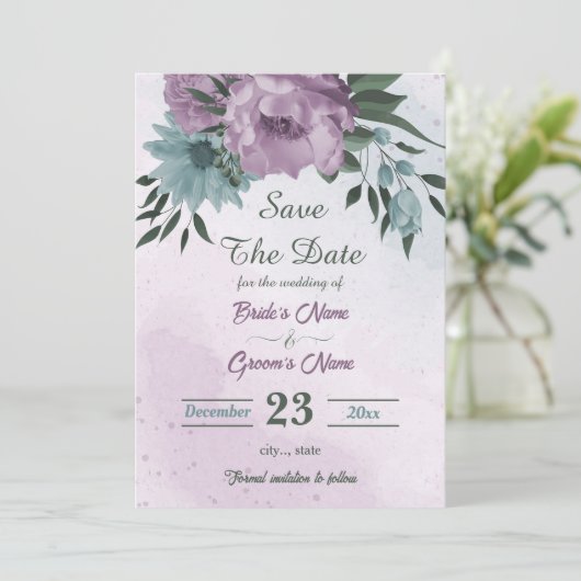 Save The Date fleurs bleu violet botanique (Debout devant)