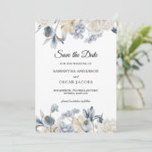 Save The Date Fleurs Bleues Et Blancs D'Hiver Élégantes (Debout devant)