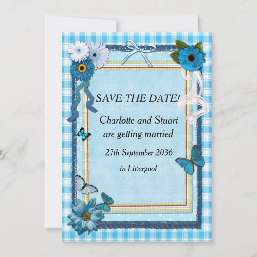 Save The Date Fleurs bleues et papillons (Devant)