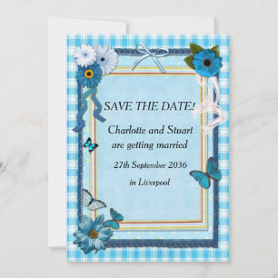 Save The Date Fleurs bleues et papillons