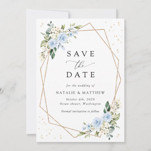 Save The Date Fleurs bleues, Fleurs blanches, Verdure, Mariage (Devant)