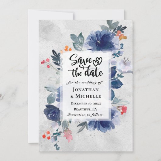 Save The Date Fleurs Bleues Fleurs Bleues Fleurs Rouges Mariage  (Devant)