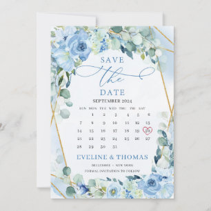 Save The Date Fleurs Bleues Légères Mois Géométrique Or Boho
