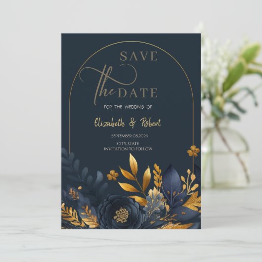 Save The Date Fleurs Bleues Marine Feuilles d'or plat Enregistre (Debout devant)
