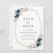 Save The Date Fleurs Bleues Marine, Fleurs Roses, Mariage Floral (Devant)