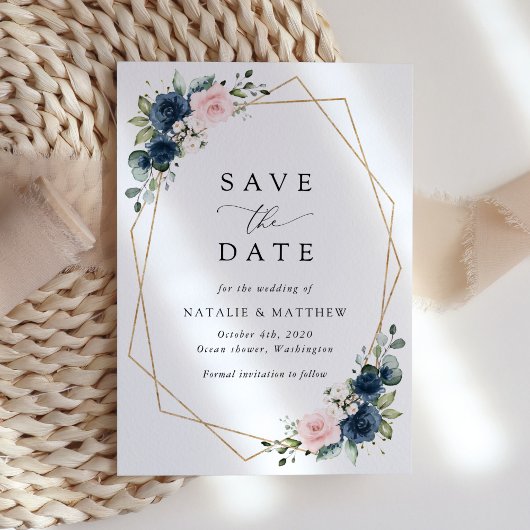 Save The Date Fleurs Bleues Marine, Fleurs Roses, Mariage Floral