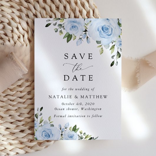 Save The Date Fleurs bleues poussiéreuses, Verdure, Boho, Mariag