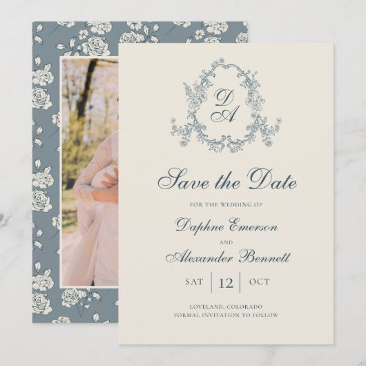 Save The Date Fleurs bleues vintage monogrammées (Devant / Derrière)