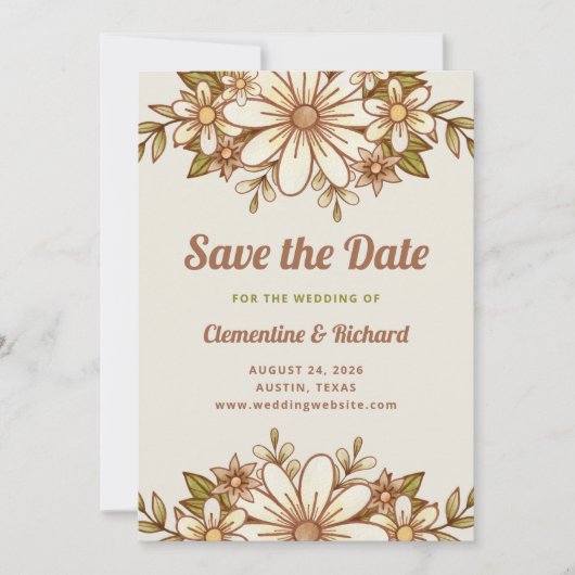 Save The Date Fleurs Boho Retro | Mariage arrière photo (Devant)