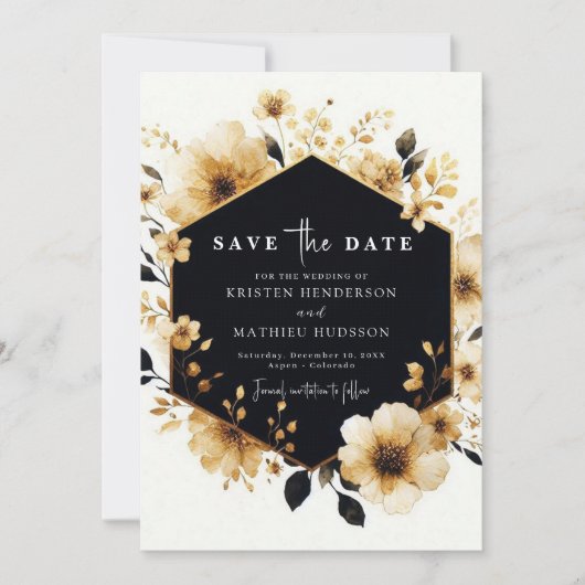 Save The Date Fleurs botaniques Mariage or et noir (Devant)