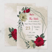 Save The Date fleurs botaniques rouges jaune pâle (Devant / Derrière)