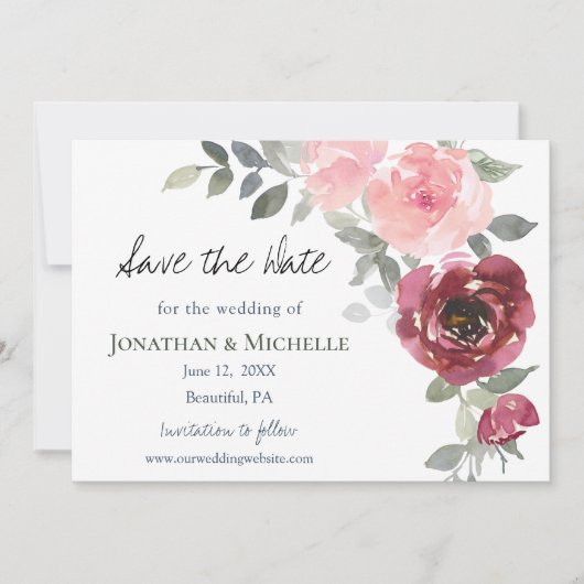 Save The Date Fleurs Bourgogne rose Verdure Aquarelle Mariage (Devant)