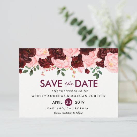 Save The Date Fleurs Bourgogne Roses Rouges Mariage Enregistrer  (Debout devant)