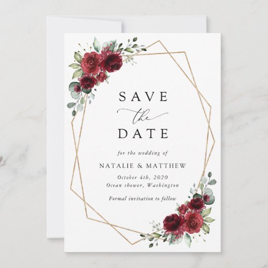 Save The Date Fleurs Bourgognes, Fleurs rouges, Mariage Floral (Devant)