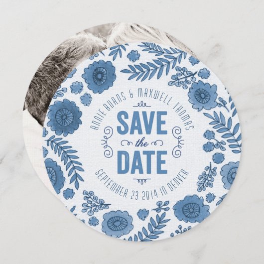 Save The Date Fleurs d'aquarelle bleu Delft Enregistrer la date (Devant / Derrière)