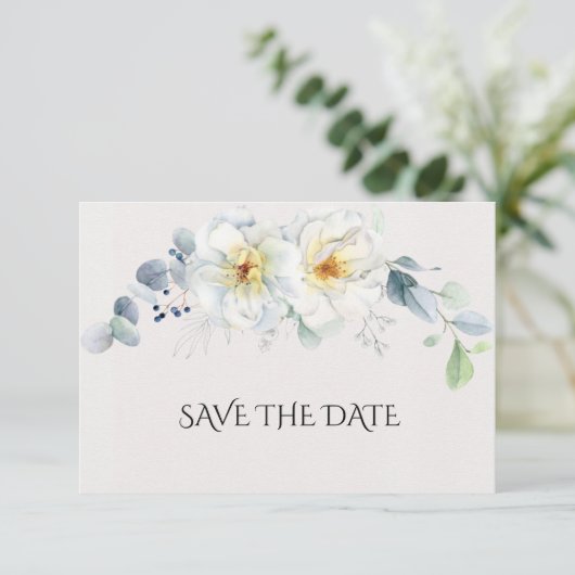 Save The Date Fleurs d'aquarelle bleu et blanc (Debout devant)