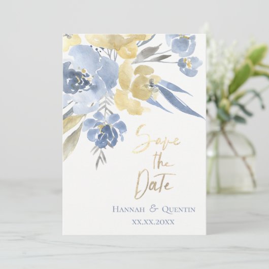Save The Date fleurs d'aquarelle bleu jaune enregistrer la date (Debout devant)
