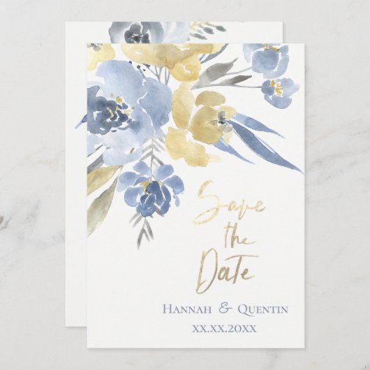 Save The Date fleurs d'aquarelle bleu jaune enregistrer la date (Devant / Derrière)
