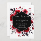 Save The Date Fleurs d'aquarelle uniques Mariage rouge Crimson (Devant / Derrière)