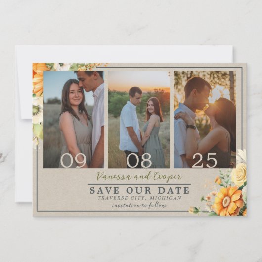 Save The Date Fleurs d'automne Floral Vert Orange Mariage (Devant)