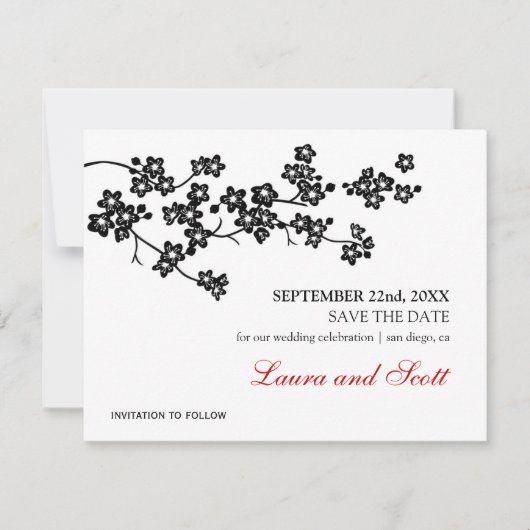 Save The Date Fleurs de cerisier en noir Enregistrer la date Inv (Devant)