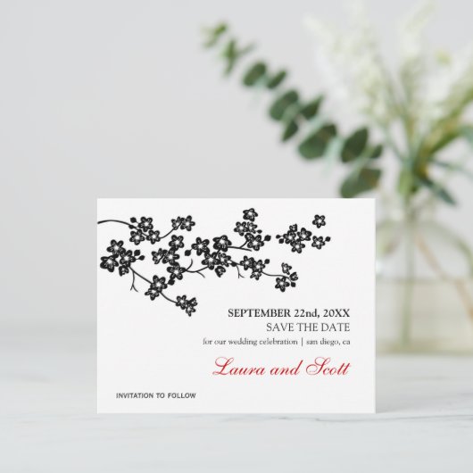 Save The Date Fleurs de cerisier en noir Enregistrer la date Inv (Debout devant)