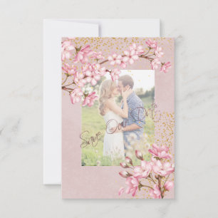 Save The Date Fleurs de cerisier roses confettis dorés