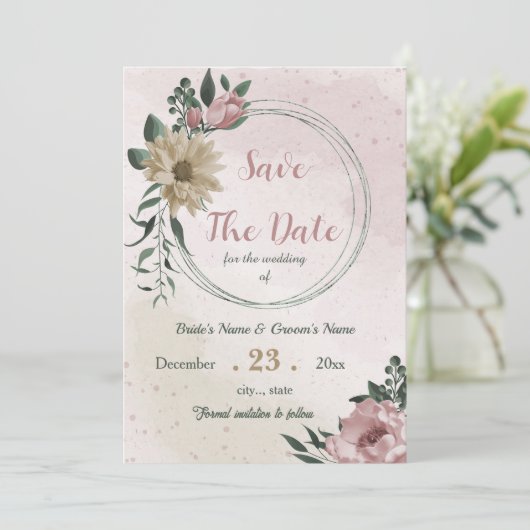 Save The Date fleurs de champagne rose botanique (Debout devant)