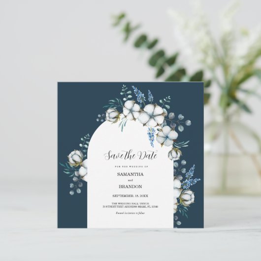 Save The Date Fleurs de coton et eucalyptus (Debout devant)