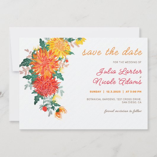 Save The Date Fleurs de Dahlia de mariage Jaune Orange Pastel Pr (Devant)