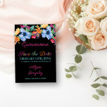 Save The Date Fleurs de Fiesta Quinceanera Florale Noire<br><div class="desc">Quinceanera Sauvegardez la Carte Date avec des fleurs de fiesta en aquarelle. Cette carte noire regorge de fleurs colorées, d'écriture élégante et de typographie moderne. Une belle décoration florale avec des pivoines, rose, fuchsia, lys et verdure dans les tons rose, violet, orange, jaune, vert et bleu. Le modèle est configuré...</div>