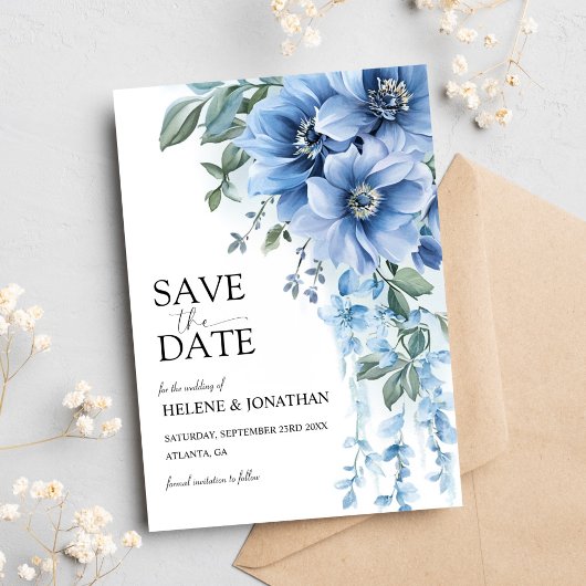 Save The Date Fleurs de Jardin Bleu Dusty Mariage élégant